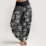 Buddha Stones Casual Plant Leaves Paisley Vortex Pattern Women's Elastic Waist Harem Pants - Black - US22，UK/AU26，EU54 (6XL) - image 8