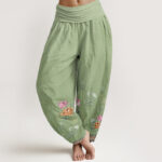 Buddha Stones Casual Plant Peony Petals Pattern Women's Elastic Waist Harem Pants - YellowGreen - US22，UK/AU26，EU54 (6XL) - image 1