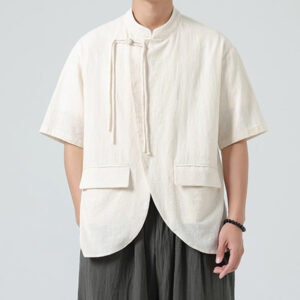 Buddha Stones Vintage Solid Color Irregular Hem Design Stand Collar Men's Half Sleeve Cotton Shirt Cardigan With Pockets