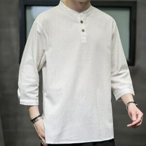 Buddha Stones Vintage Causal Pure Color Stand Collar Men's Three Quarter Sleeve Cotton Linen Shirt