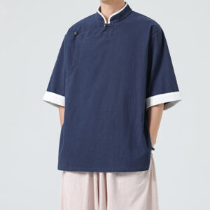Buddha Stones Vintage Spring Color Matching Collar Slanted Placket Design Men's Half Sleeve Cotton Linen Shirt