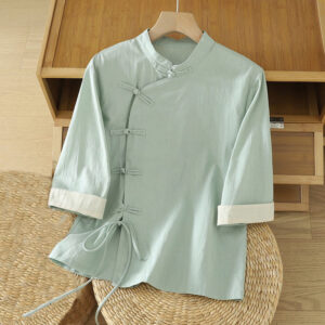 Buddha Stones Casual Vintage Chinese Frog-Button Lace-Up Patchwork Design Women's Cotton Shirt