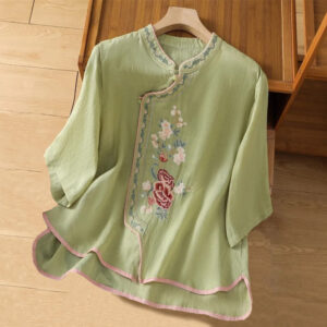 Buddha Stones Casual Ethnic Style Embroidery Flower Pattern Frog-Button Stand Collar Women's Cotton Linen Shirt