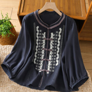 Buddha Stones Casual Embroidery Flower Pattern Frog-Button Linen Women's Shirt