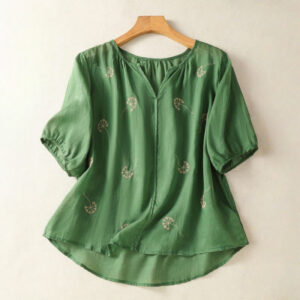 Buddha Stones Summer Embroidered Dandelion Flowers Short Sleeve Linen Women's Shirt