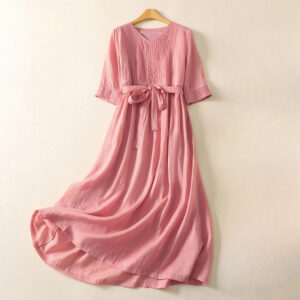 Buddha Stones Summer Short Sleeve Pleats Lace-up Cotton Linen Women's Midi Dress With Pockets