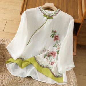 Buddha Stones Summer Ethnic Style Embroidery Flower Pattern Frog-Button Color Matching Women's Cotton Linen Three Quarter Sleeve Shirt