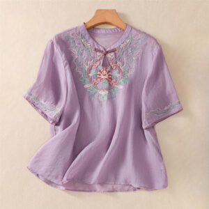 Buddha Stones Casual Retro Embroidery Frog-Button Design Women's Cotton Linen Half Sleeve Shirt