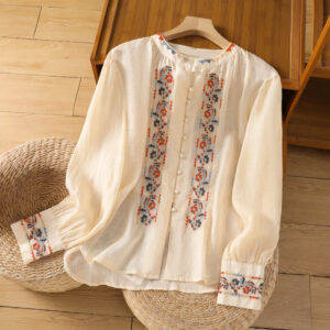 Buddha Stones Vintage Embroidery Single Row Multi-Button Placket Design Women's Cotton Linen Long Lantern Sleeve Shirt