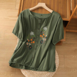 Buddha Stones Vintage Asymmetrical Embroidery Flower Plant Pattern Women's Cotton Linen Short Sleeve Jacket Shirt