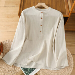 Buddha Stones Summer Casual Pure Color Half Button Simple Design Women's Cotton Linen Half Sleeve Shirt With Pocket