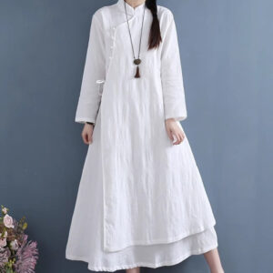 Buddha Stones Spring Casual Plain Frog-Button Design Side Lace-Up Cotton Linen Midi Dress