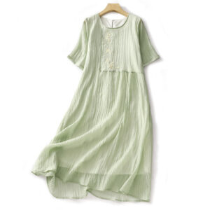 Buddha Stones Summer Casual Plain Embroidery Double Layer Short Sleeve Cotton Linen Midi Dress