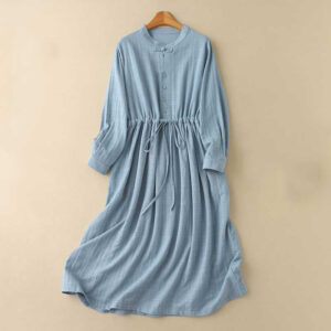 Buddha Stones Retro Solid Color Drawstring Frog-Button Design Long Sleeve Cotton Linen Midi Dress With Pockets