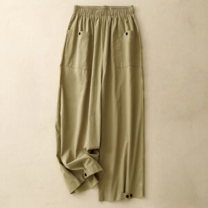 Buddha Stones Causal Vintage Solid Color Button Design Women's Wide Leg Cotton Pants With Pockets