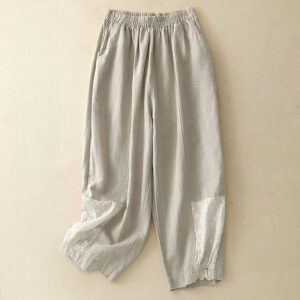Buddha Stones Summer Embroidery Pure Color Patchwork Design Women's Cotton Linen Pants With Pockets