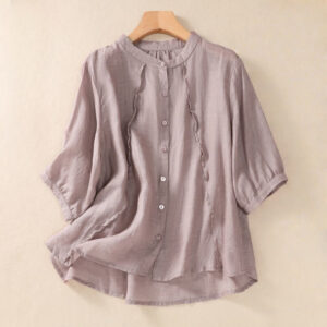 Buddha Stones Casual Daily Plain Button Ruffled Design Stand Collar Women's Cotton Linen Three Quarter Sleeve Shirt Cardigan