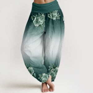 Buddha Stones Casual Roses Leaves Pattern Women's Elastic Waist Harem Pants - ForestGreen - US22，UK/AU26，EU54 (6XL) - image 1