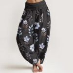 Buddha Stones Casual Delicate Floral Leaves Pattern Women's Elastic Waist Harem Pants - Black - US22，UK/AU26，EU54 (6XL) - image 1