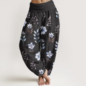 Buddha Stones Casual Delicate Floral Leaves Pattern Women's Elastic Waist Harem Pants - Black - US22，UK/AU26，EU54 (6XL) - image 1