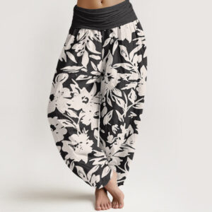 Buddha Stones Casual Large Blooms Lush Foliage Pattern Women's Elastic Waist Harem Pants - Black - US22，UK/AU26，EU54 (6XL) - image 1