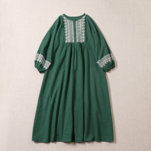 Buddha Stones Casual Artistic Geometric Embroidery Button Front Long Lantern Sleeve Cotton Linen Midi Dress