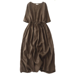 Buddha Stones Vintage Casual Solid Color Pleat Drawstring Design Half Sleeve Cotton Linen Midi Dress With Pockets