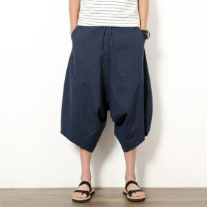 Buddha Stones Spring Plain Simple Patchwork Design Drawstring Cotton Linen Men's 7-8 Length Wide Leg Pants With Pockets
