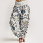 Buddha Stones Pure Cotton Lotus Leaf Peony Pattern Women's Elastic Waist Harem Pants - Ivory - US22，UK/AU26，EU54 (6XL) - image 1