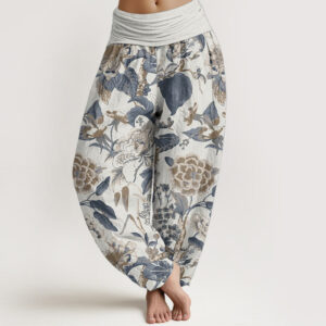 Buddha Stones Pure Cotton Lotus Leaf Peony Pattern Women's Elastic Waist Harem Pants - Ivory - US22，UK/AU26，EU54 (6XL) - image 1