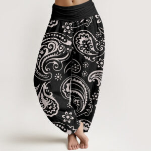 Buddha Stones Casual Elegant Paisley Floral Pattern Women's Elastic Waist Harem Pants - Black - US22，UK/AU26，EU54 (6XL) - image 1