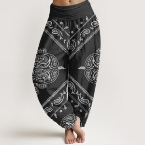 Buddha Stones Casual Floral Leaf Paisley Pattern Women's Elastic Waist Harem Pants - Black - US22，UK/AU26，EU54 (6XL) - image 1