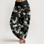Buddha Stones Casual Flying Crane Flower Pattern Women's Elastic Waist Harem Pants - Black - US22，UK/AU26，EU54 (6XL) - image 1
