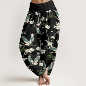 Buddha Stones Casual Flying Crane Flower Pattern Women's Elastic Waist Harem Pants - Black - US22，UK/AU26，EU54 (6XL) - image 1