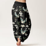 Buddha Stones Casual Flying Crane Flower Pattern Women's Elastic Waist Harem Pants - image 3