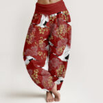 Buddha Stones Casual Flying Crane Cherry Blossoms Pattern Women's Elastic Waist Harem Pants - FireBrick - US22，UK/AU26，EU54 (6XL) - image 1