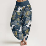 Buddha Stones Casual Flying Crane Cherry Blossoms Pattern Women's Elastic Waist Harem Pants - SteelBlue - US22，UK/AU26，EU54 (6XL) - image 5