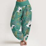 Buddha Stones Casual Flying Crane Cherry Blossoms Pattern Women's Elastic Waist Harem Pants - LightSeaGreen - US22，UK/AU26，EU54 (6XL) - image 8