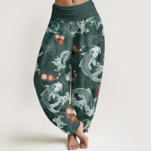 Buddha Stones Casual Koi Fish Cherry Blossoms Pattern Women's Elastic Waist Harem Pants - DarkCyan - US22，UK/AU26，EU54 (6XL) - image 1