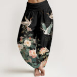 Buddha Stones Casual Crane Peony Pattern Women's Elastic Waist Harem Pants - Black - US22，UK/AU26，EU54 (6XL) - image 1