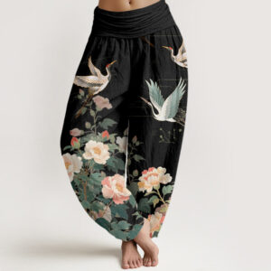 Buddha Stones Casual Crane Peony Pattern Women's Elastic Waist Harem Pants - Black - US22，UK/AU26，EU54 (6XL) - image 1