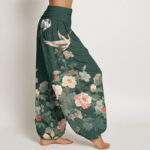 Buddha Stones Casual Crane Peony Pattern Women's Elastic Waist Harem Pants - image 6