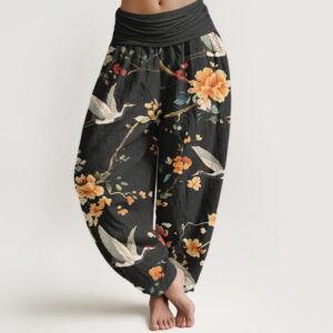 Buddha Stones Casual Crane Flower Branch Pattern Women's Elastic Waist Harem Pants - Black - US22，UK/AU26，EU54 (6XL) - image 1