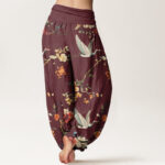 Buddha Stones Casual Crane Flower Branch Pattern Women's Elastic Waist Harem Pants - image 7