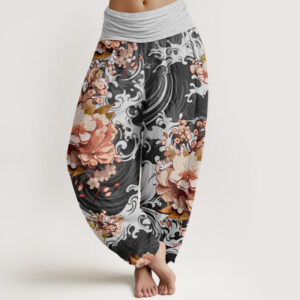 Buddha Stones Casual Wave And Floral Pattern Women's Elastic Waist Harem Pants - DimGray - US22，UK/AU26，EU54 (6XL) - image 1
