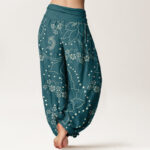 Buddha Stones Casual Large Flower Leave Pattern Women's Elastic Waist Harem Pants - image 7