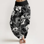 Buddha Stones Casual Simple Floral Leaf Pattern Women's Elastic Waist Harem Pants - Black - US22，UK/AU26，EU54 (6XL) - image 1