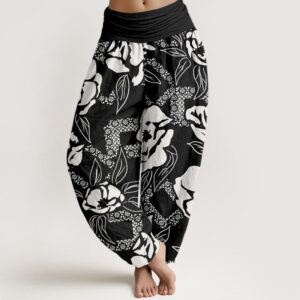 Buddha Stones Casual Simple Floral Leaf Pattern Women's Elastic Waist Harem Pants - Black - US22，UK/AU26，EU54 (6XL) - image 1