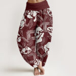 Buddha Stones Casual Simple Floral Leaf Pattern Women's Elastic Waist Harem Pants - Maroon - US22，UK/AU26，EU54 (6XL) - image 5