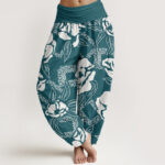 Buddha Stones Casual Simple Floral Leaf Pattern Women's Elastic Waist Harem Pants - Teal - US22，UK/AU26，EU54 (6XL) - image 8